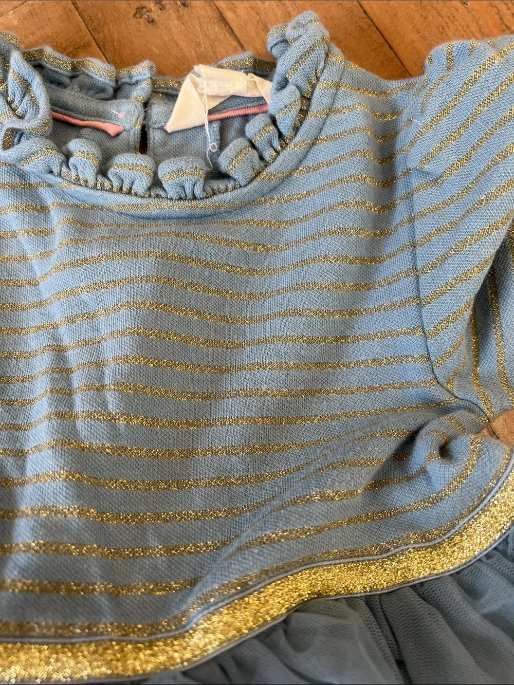 Mini Boden Dusty blue long sleeve tulle dress with gold stripes 3-4 years